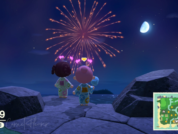 夜の海辺で花火を見るゲームキャラクター