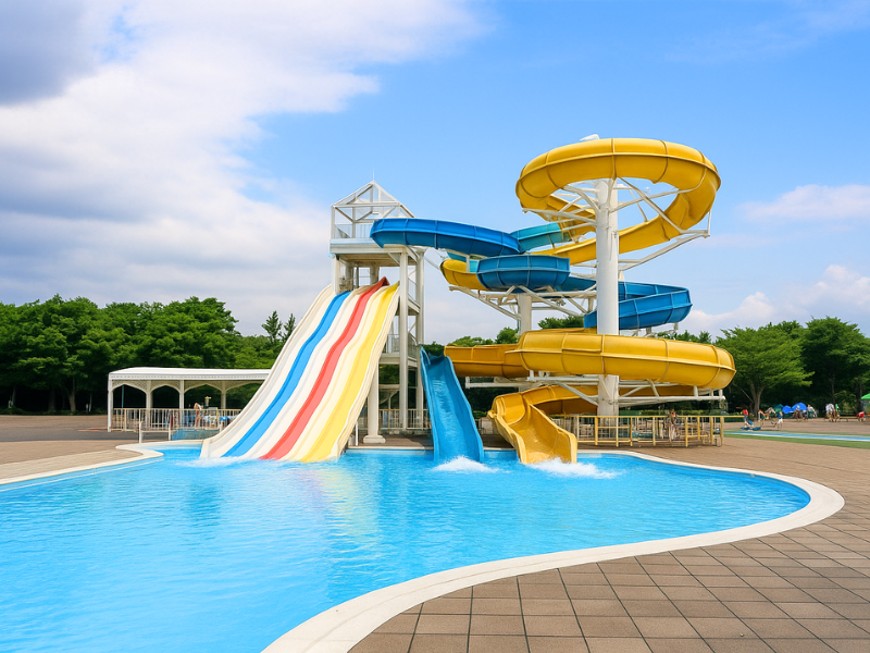 虹色のスライダーとゆったりとした敷地が特徴のレジャープールイメージ(川越水上公園を参考にAIで生成)
