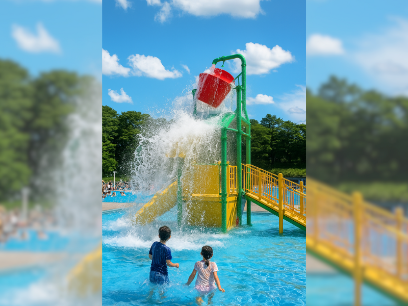 大きなバケツの水が降り注ぐ遊具が目を引くレジャープール(井頭公園一万人プールを参考にAIで生成)