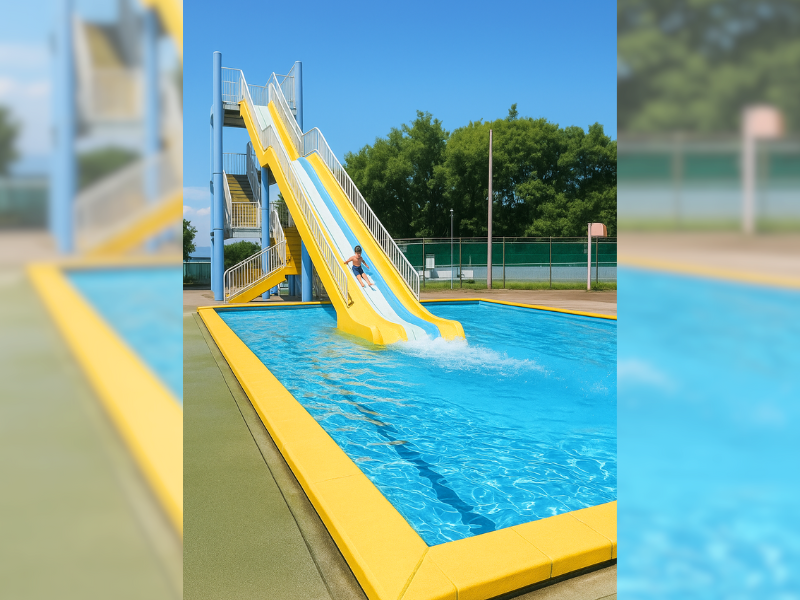黄色いすべり台と浅めのプールが特徴の市営プール(伊勢崎市境プールをイメージしてAI生成)