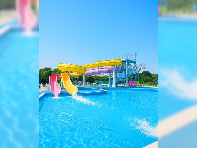 カラフルなすべり台が印象的な稲毛海浜公園プールの夏らしいレジャー風景(AI生成画像)