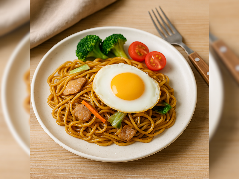 目玉焼きを添えた彩り焼きそばランチプレートの写真