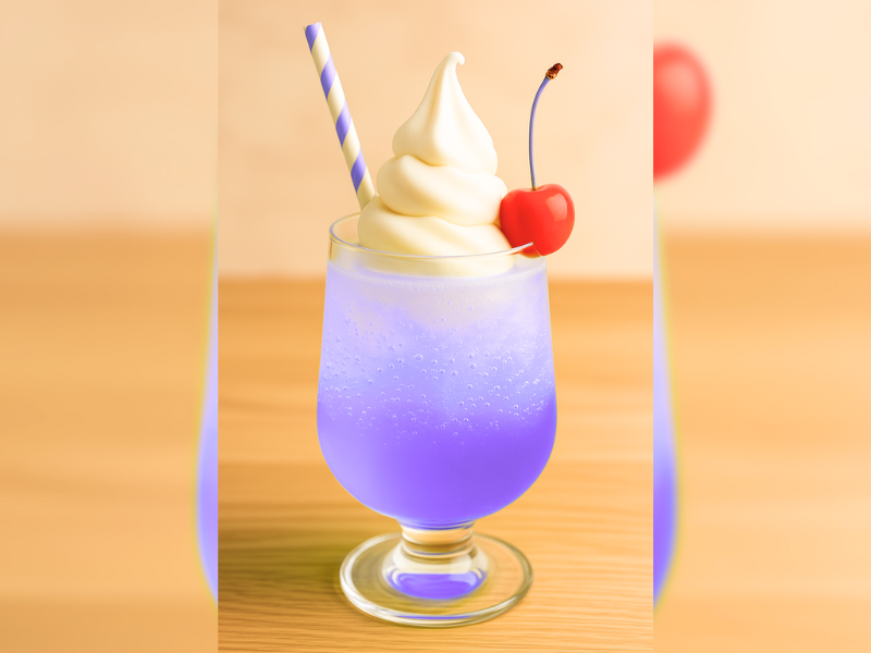 淡いパープルのぶどうクリームソーダ。上品な色合いとソフトクリームの白が美しく、写真映えも◎な一杯