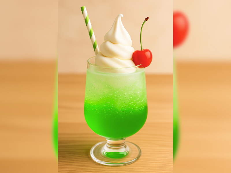 グラスに注がれた鮮やかな緑のクリームソーダ。もこもこソフトとさくらんぼを添えて、レトロで涼しげな一杯