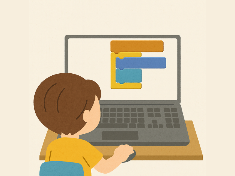 オンラインでプログラミング学習をしている子ども。文字のないコードブロックを組み合わせ中