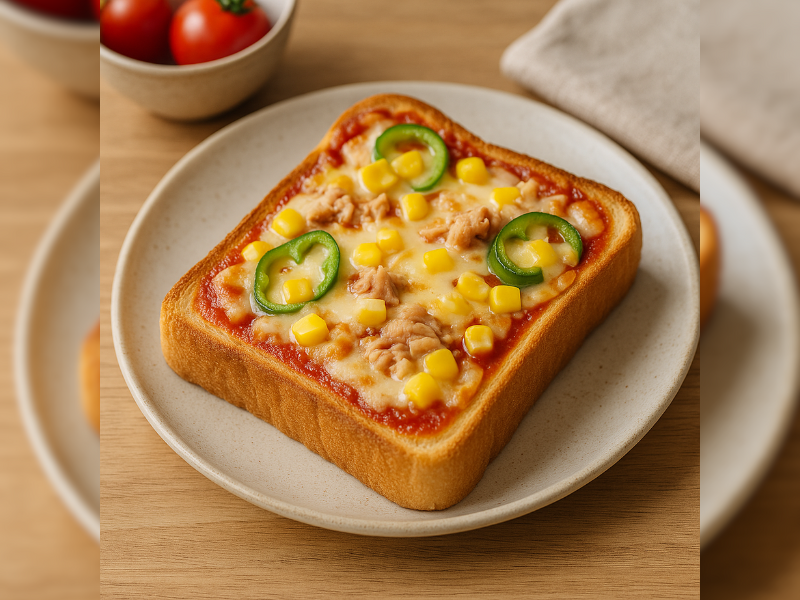 チーズがとろけたピザトーストを盛り付けたおしゃれランチ写真