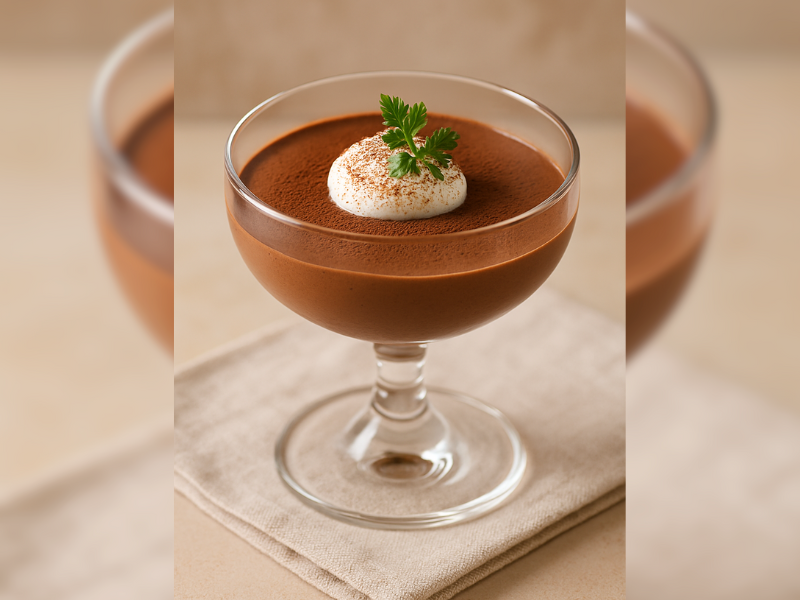 ふんわり生クリームとチャービルを添えた生チョコムース。ココアパウダーがほんのりかかり、大人スイーツの上品な仕上がり