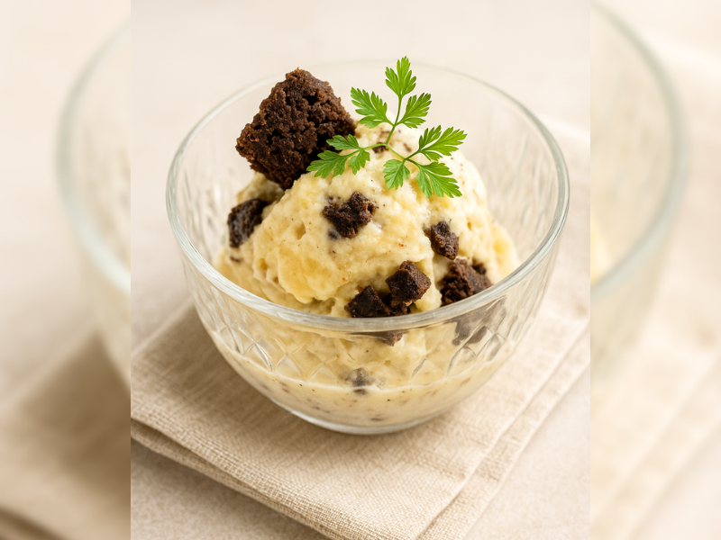 つぶしたバナナが混ざったバニラアイスに、チョコクッキーをトッピング。チャービルを添えたおしゃれな手作りバナナアイス