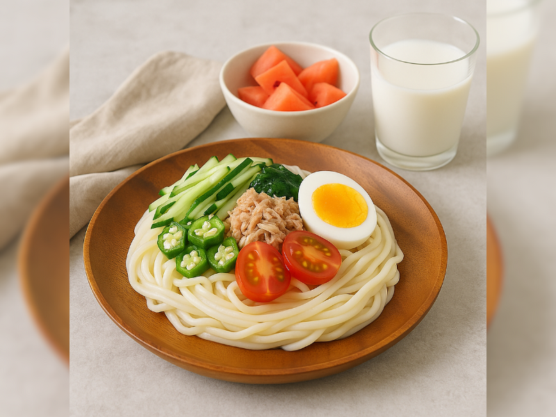 流水麺で作る冷やしうどんを盛り付けたランチプレート写真