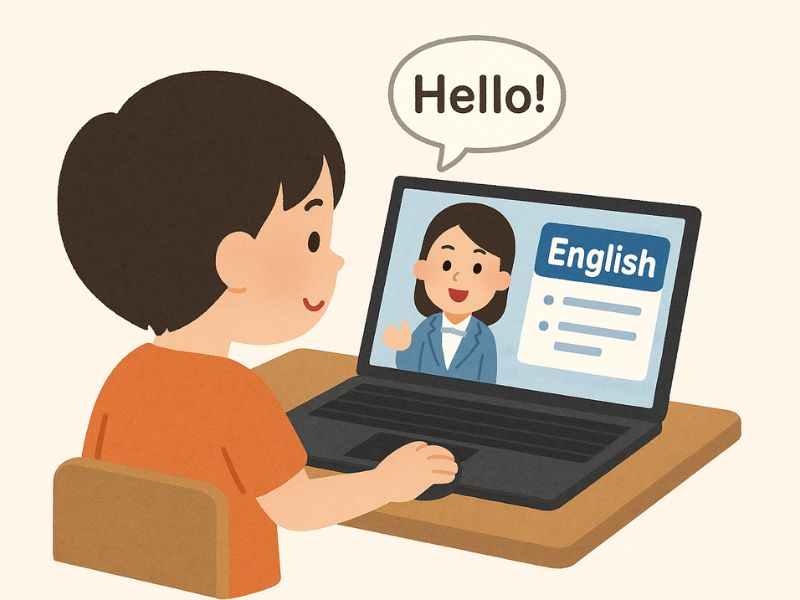 パソコンの前でオンライン英会話を受講している子ども。ヘッドセットをつけて講師と対話中