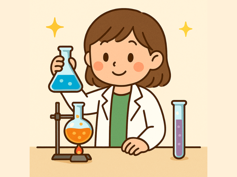 オンラインで科学実験に参加する子ども。実験室を模した明るい背景と試験管などの器具