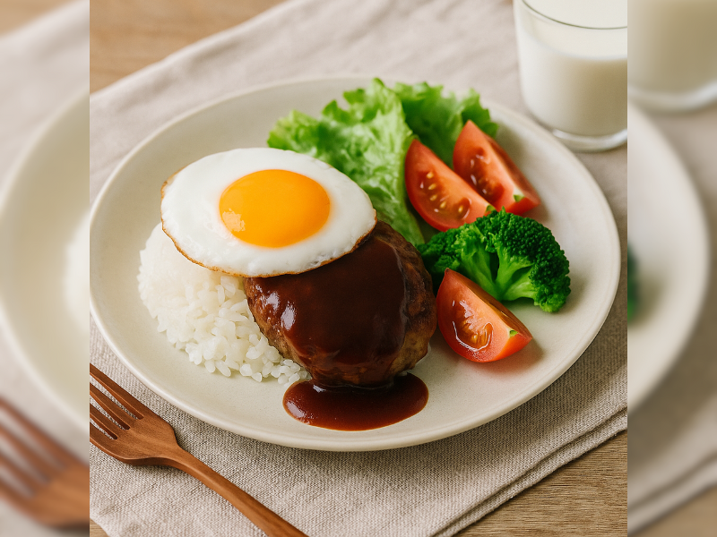 ハンバーグと目玉焼きがのったロコモコ丼プレートの写真