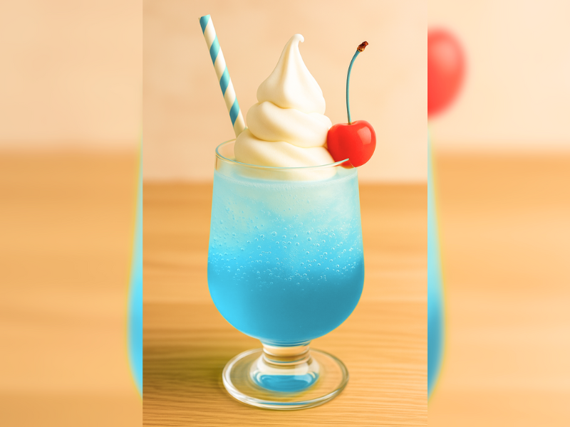 透明感のある水色ソーダにソフトクリームをのせた爽やかな一杯。推し活にもぴったりなブルークリームソーダ