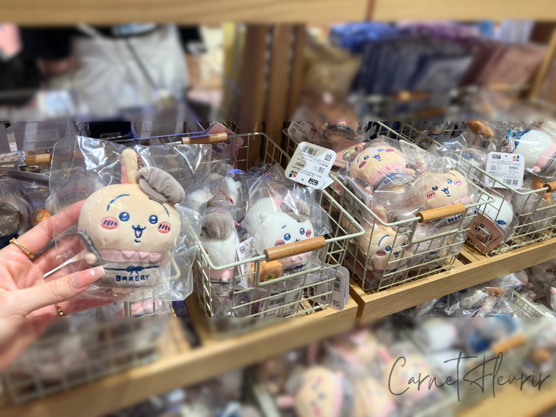 カゴにぎっしり並ぶぬいぐるみたちと、うさぎを手に取った様子