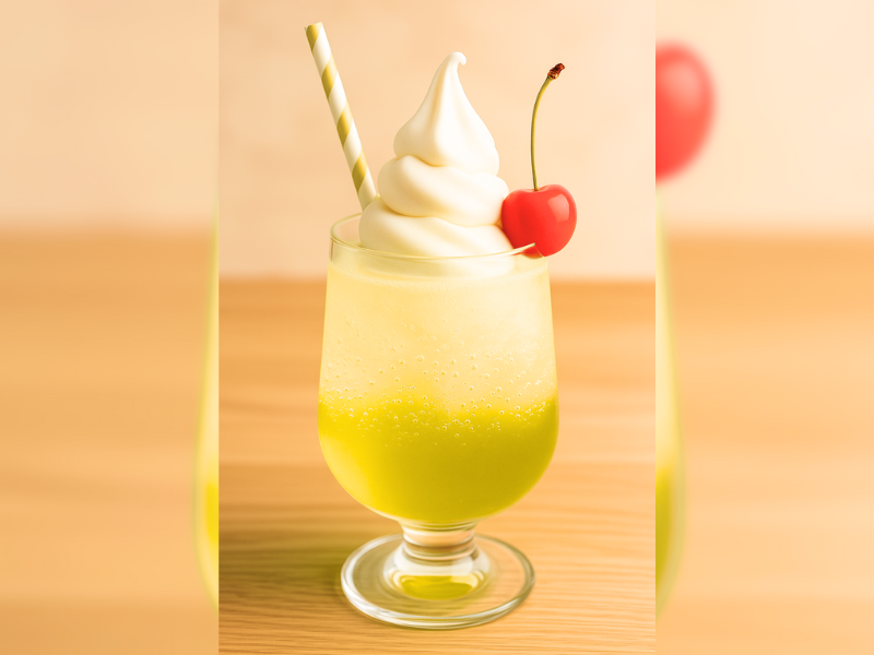 ビタミンカラーがまぶしい黄色のクリームソーダ。ふんわりアイスとさくらんぼで南国風に仕上げた夏ドリンク