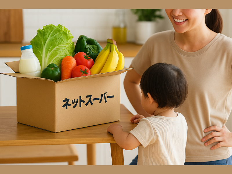 段ボールには野菜や果物、牛乳などが入っている。覗き込む子どもと、笑顔の母親。(AIイメージ画像)