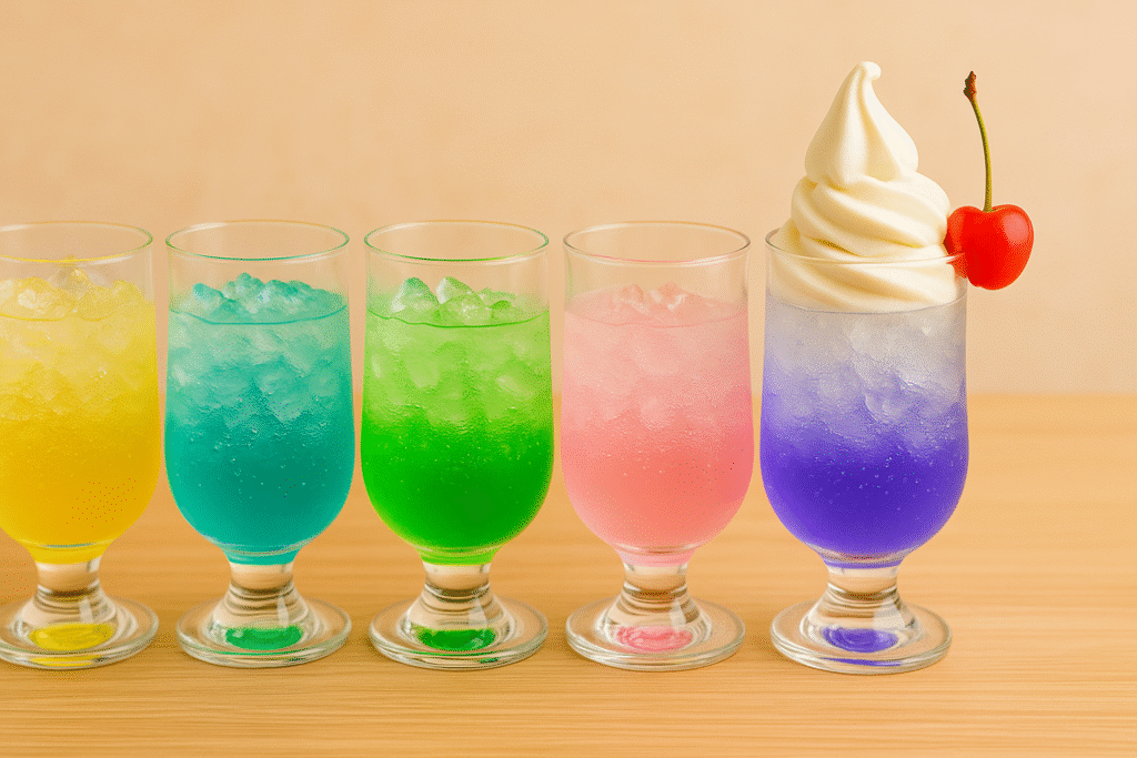 ソーダにアイスを乗せて仕上げる途中のクリームソーダ。カラフルな層が透けて見える爽やかなグラス