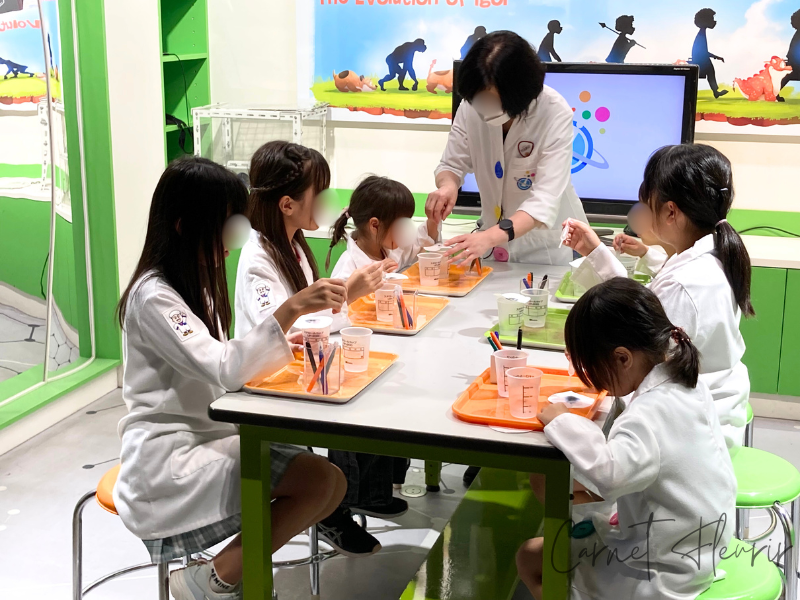 カンドゥー幕張の研究員体験。白衣を着た子どもたちが実験に挑戦している様子