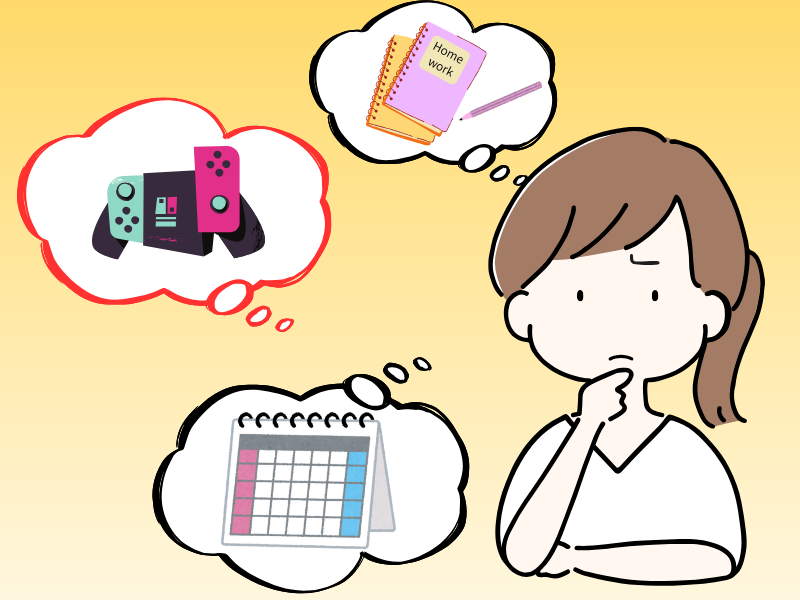 夏休みをどう過ごすか悩む母親のイラスト。ゲーム・宿題・スケジュールに頭を悩ませている様子。