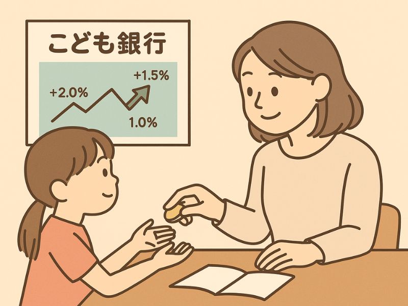 子ども銀行の金利表を見ながら、母親からコインを受け取る小学生の女の子