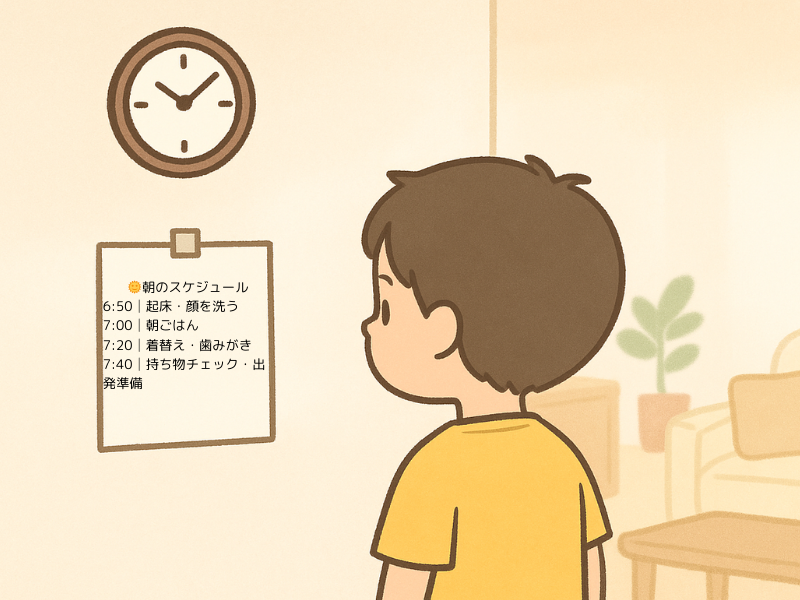 壁に貼られた朝のスケジュール表を見ている小学生の男の子の後ろ姿。時計とリビングの背景も写っているイラスト。