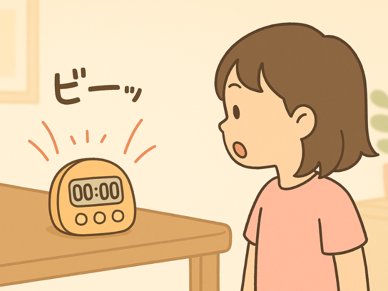 テーブルの上で鳴っているタイマーに気づく小学生の女の子のイラスト。朝の時間管理を意識させるシーン。