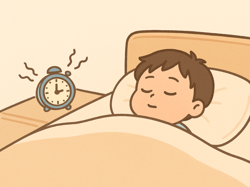 ふとんで眠っている小学生の男の子のイラスト。寝不足で起きられない様子をやさしく描写