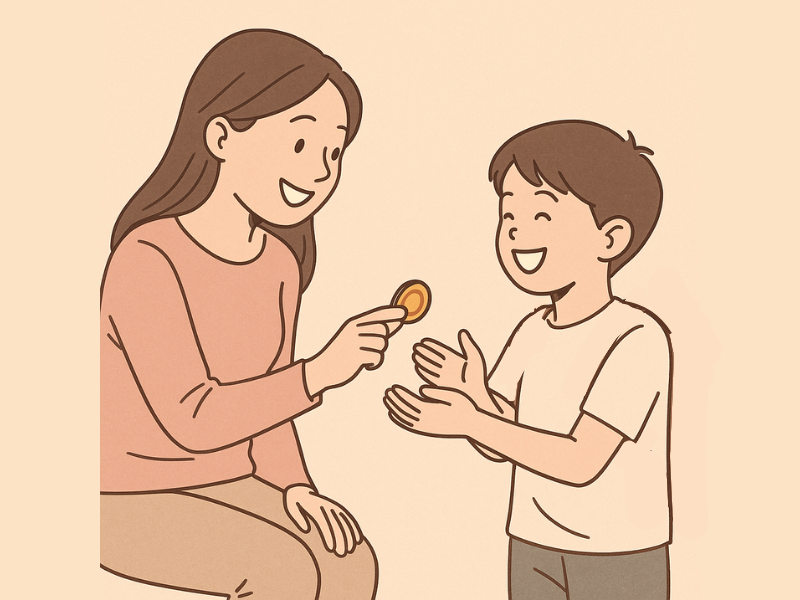 お母さんが笑顔で息子にコインを手渡している様子