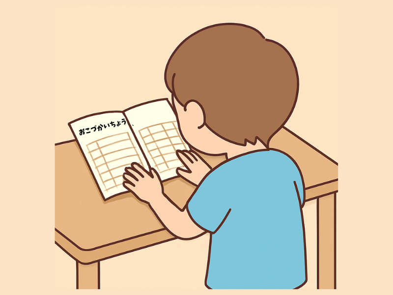 机に向かってお小遣い帳を開く小学生の男の子の後ろ姿