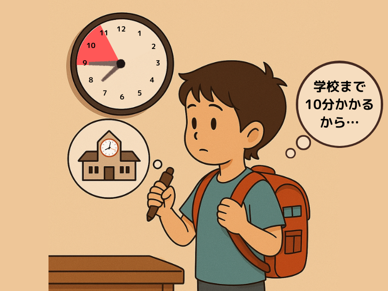 時計を見ながら「学校まで10分かかるから…」と出発時間を考えている男の子の様子