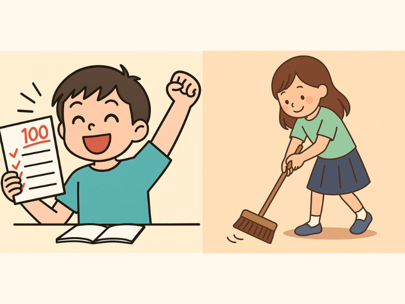 テストで100点を取り、ガッツポーズをする小学生の男の子
ほうきを使って床を掃除する小学生の女の子