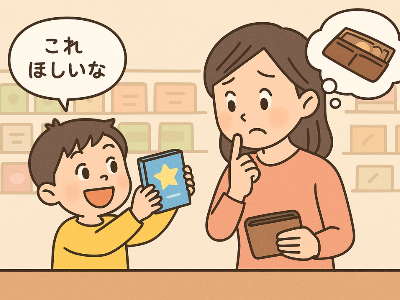 おもちゃをねだる子どもと、財布を見て悩む母親の様子（吹き出しあり）