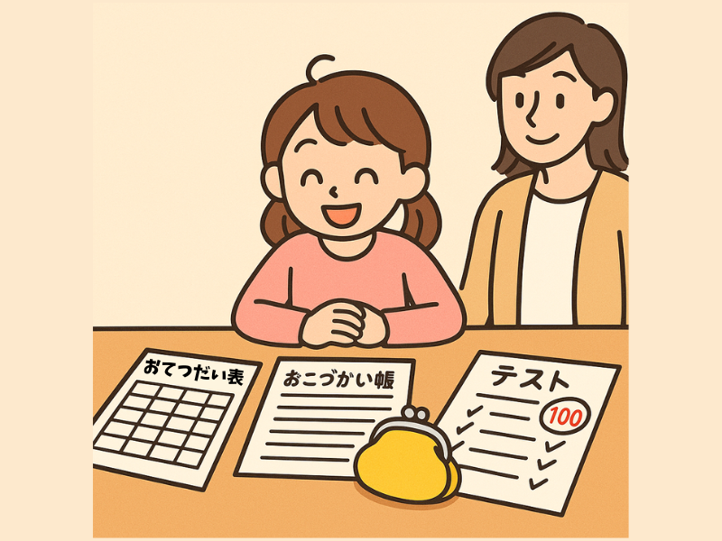 お小遣い帳やテストを並べてうれしそうにする小学生の女の子と見守る母親