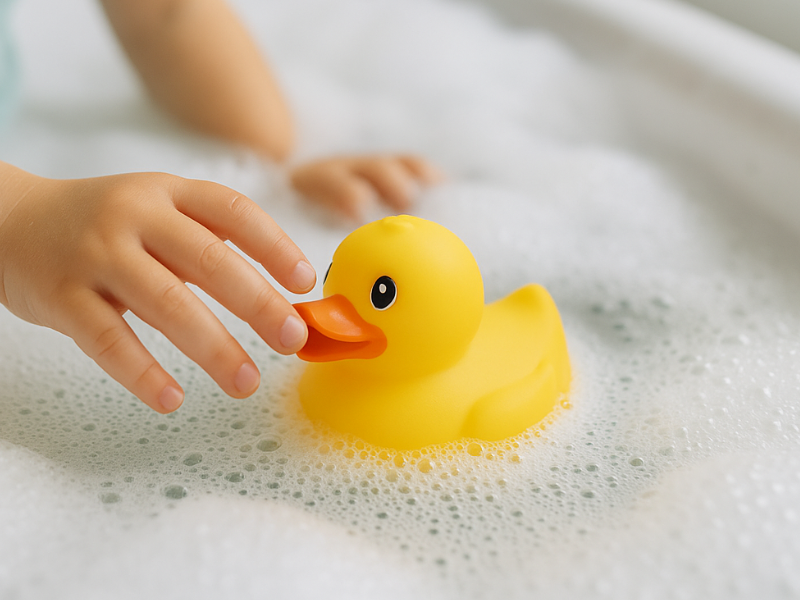 お風呂に浮かぶ黄色いアヒルのおもちゃ。子どもの入浴イメージ