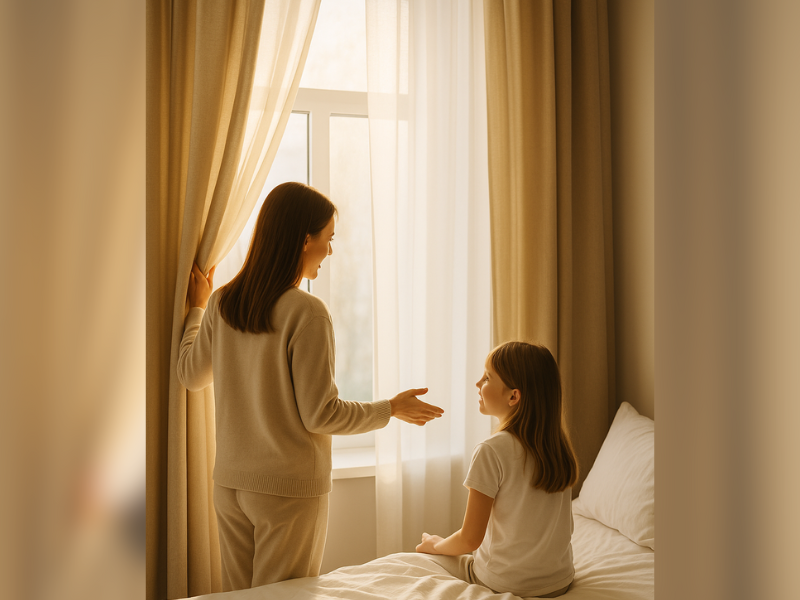 母親が朝の光を浴びながらカーテンを開け、後ろの子どもに語りかける様子。朝日を取り入れて気持ちよく目覚めるシーン