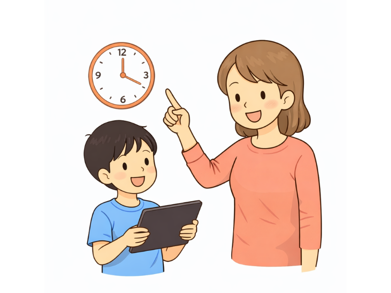 タブレットの使用時間を親子で確認しているイラスト