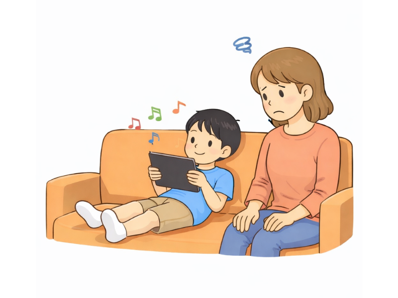 タブレットを長時間見続ける子どもと困った表情の親のイラスト