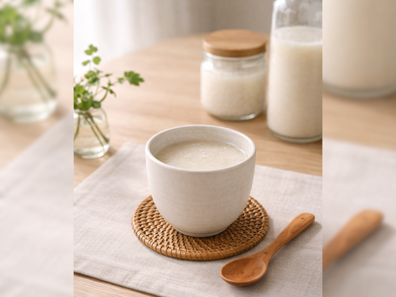 朝のテーブルに甘酒がおいてある様子。