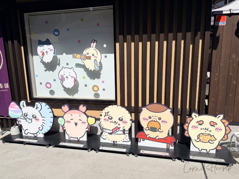 入口横のキャラクターパネル。左から、モモンガ、古本屋、ラッコ、くりまんじゅう、シーサーが並んでいる。