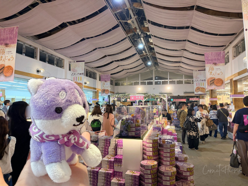 正面ゲートにあるお土産売り場の様子。娘の購入した紫の豆しばぬいぐるみと共に。