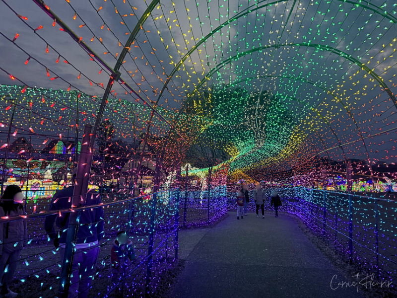 光のトンネルを内側から撮影した様子。レインボーのライトが続いている。