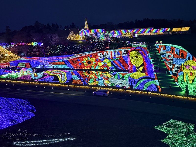 見晴らし台から見える景色。モナリザやムンクの叫び、ひまわりなど絵画をモチーフとしたイルミネーションが並ぶ。